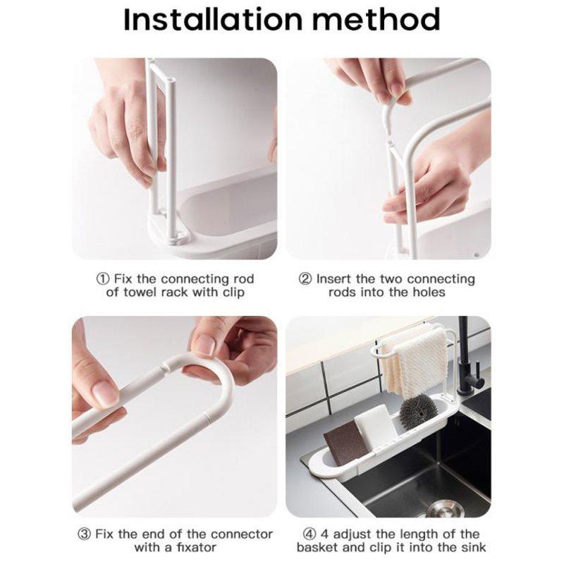 Kitchen Telescopic Sink Drain Rack Sink Dish Towels Soap Sponge Storage Basket