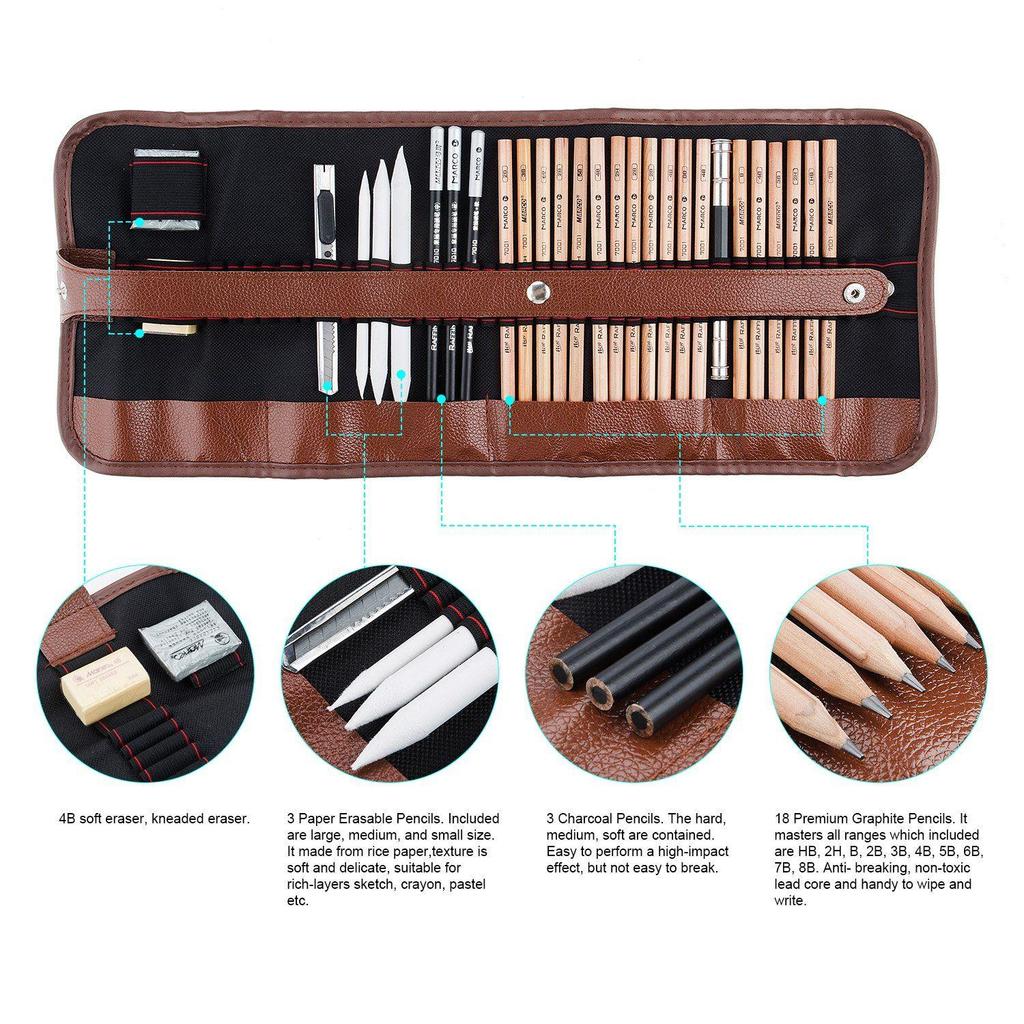 29 Pieces Professional Sketching & Drawing Art Tool Kit with Graphite Pencils, Charcoal Pencils, Paper Erasable Pen, Craft Knife-Lightwish