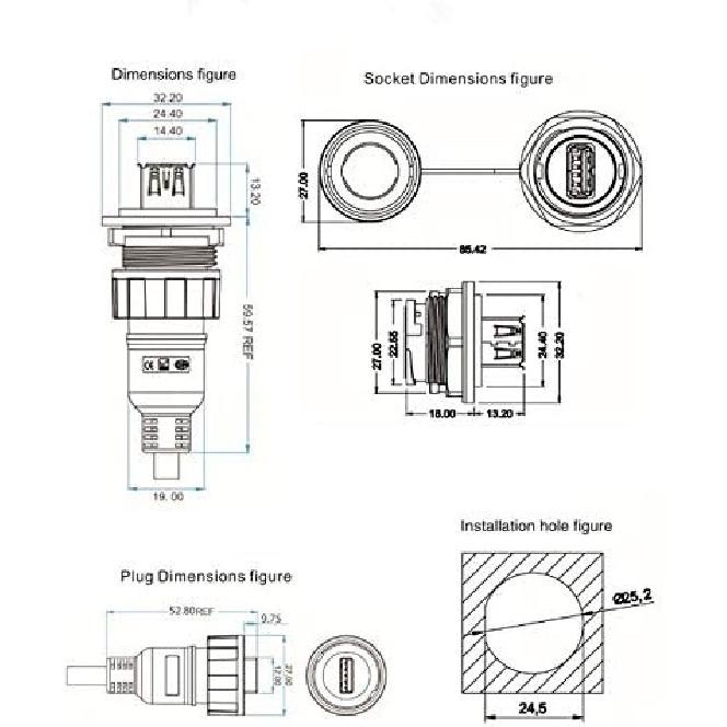 USB2.0 IP67 Waterproof Cable Extension Connector Double Head Coupler Adapter Male To Female Socket Plug Panel Mount, with Waterproof/Dust Cap, with