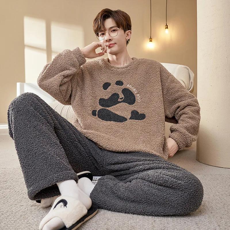 Pijama de Diseño Lindo de Moda para Hombre Otoño Invierno Forro Polar Coral Espesado Cálido Suave Masculino Polar Térmico Conjunto Ropa de Casa Juvenil
