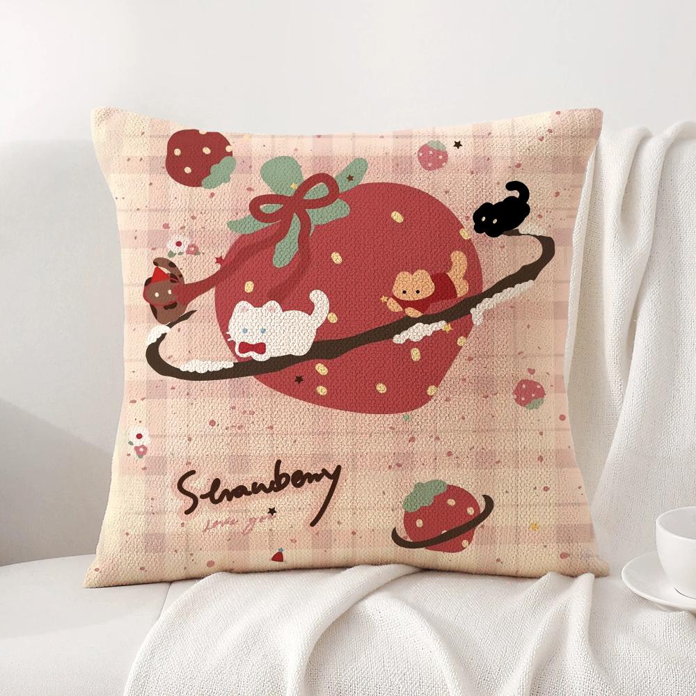 Cute Strawberry Print Cushion Cover Natural Linen Organic Fabric DoubleSided Printing Sofa Home Decor Breathable Bed Pillow