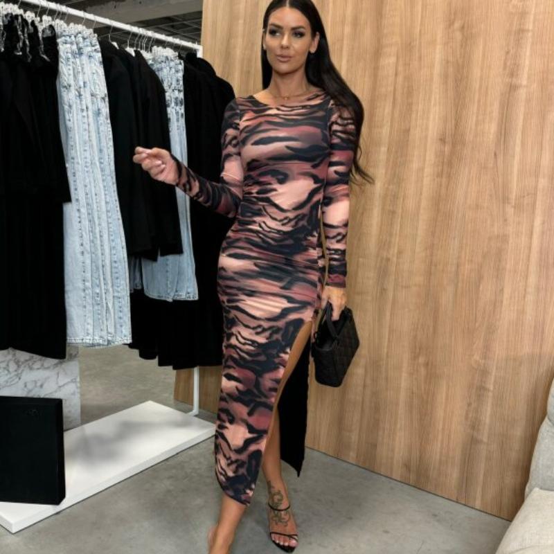 Autumn New Long Sleeve Zebra Print Split Sexy Dress Women Round Neck Slim Fit Vintage Party Club Casual Dresses Women Elegant High Waist Dress 25240