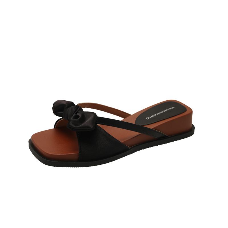 Fashion Bow Women Wedges Slippers Square Toe Heeled Shoes Fashion Party Sandals Designer 2025 New Summer Woman Flip Flops Dress Zapatos