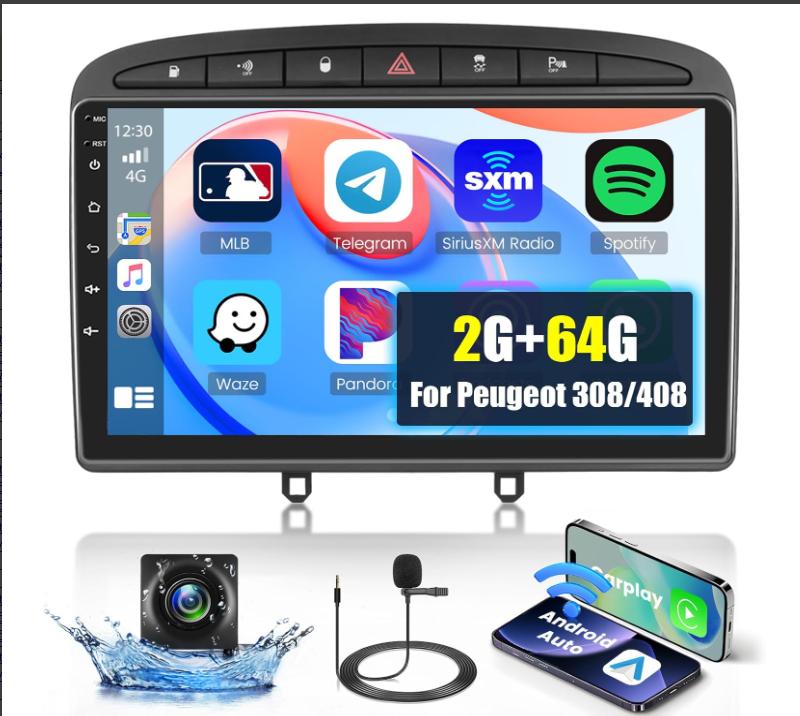 9palcové autorádio s Carplay, GPS navigací, kompatibilní pro P-eugeot 308 2007-2015, Android 14