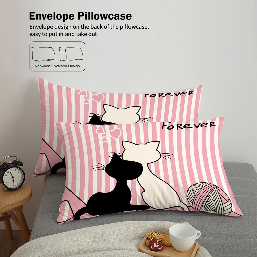 3-piece Down Duvet Cover with Couple Cat Pattern Print (1 Down Duvet Cover+2 Pillowcases, No Core) Soft Bedding Set