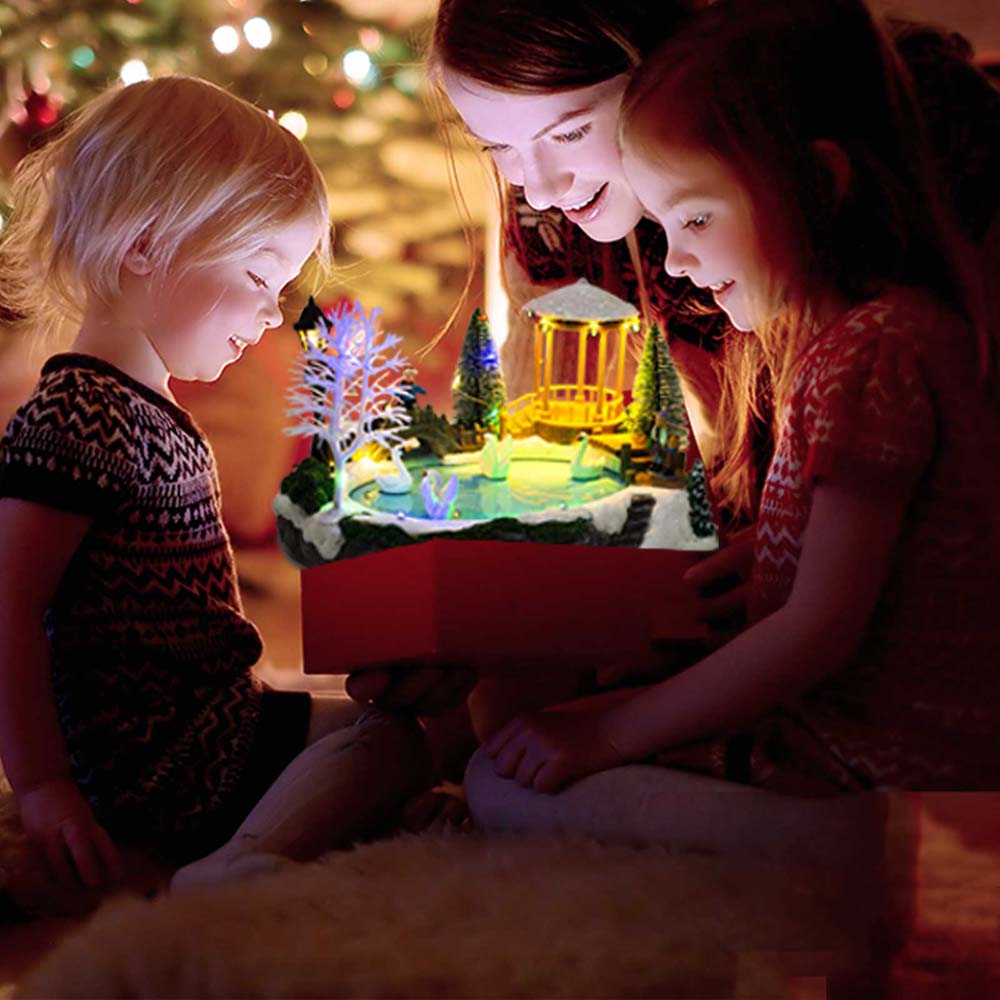 Animierte Weihnachtsdorfszene mit beweglichen Schwänen, beleuchtet, musikalisch, Schneedorf, Weihnachtsdekorationen für den Innenbereich, Feiertagsausstellungen