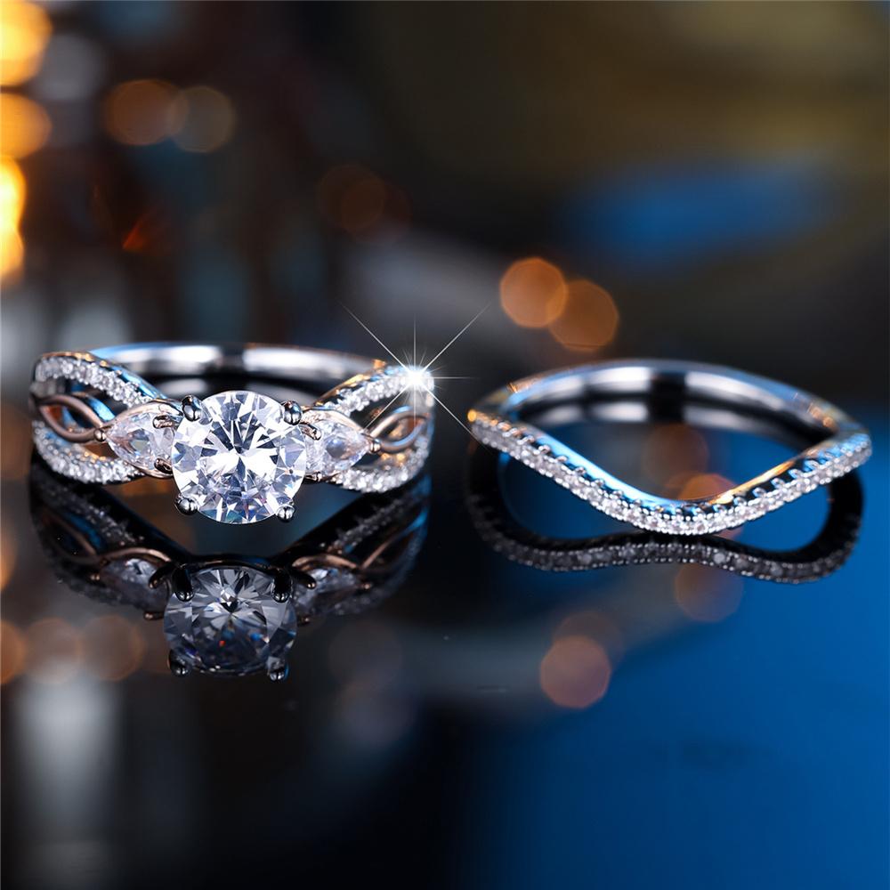 Female Silver Color White Zircon Stone Round Infinity Engagement Ring Set Vintage Bridal Wedding Bands Party Jewelry For Women