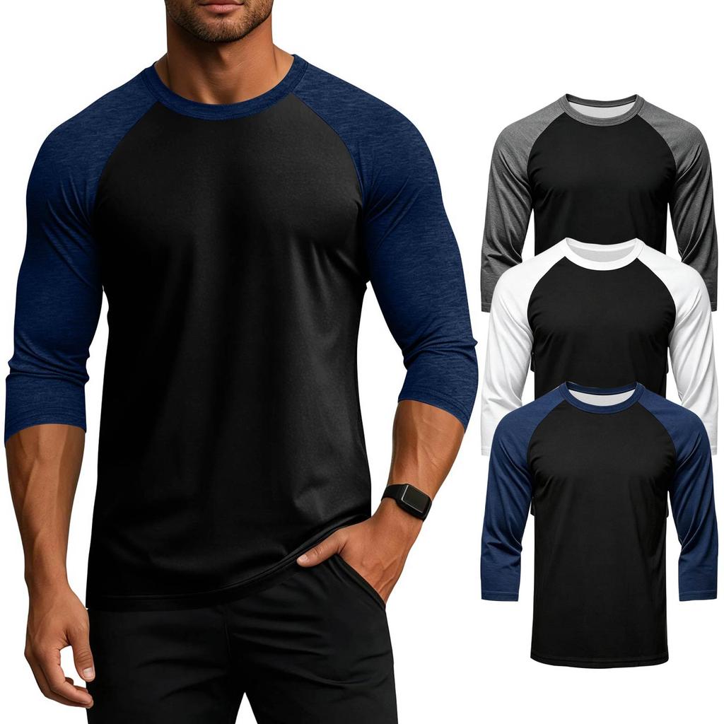 Men's Colorblock Raglan Sleeve Athletic Shirt Three Piece Set Lightweight Stretchy Sport Top for Training Running Casual Wear