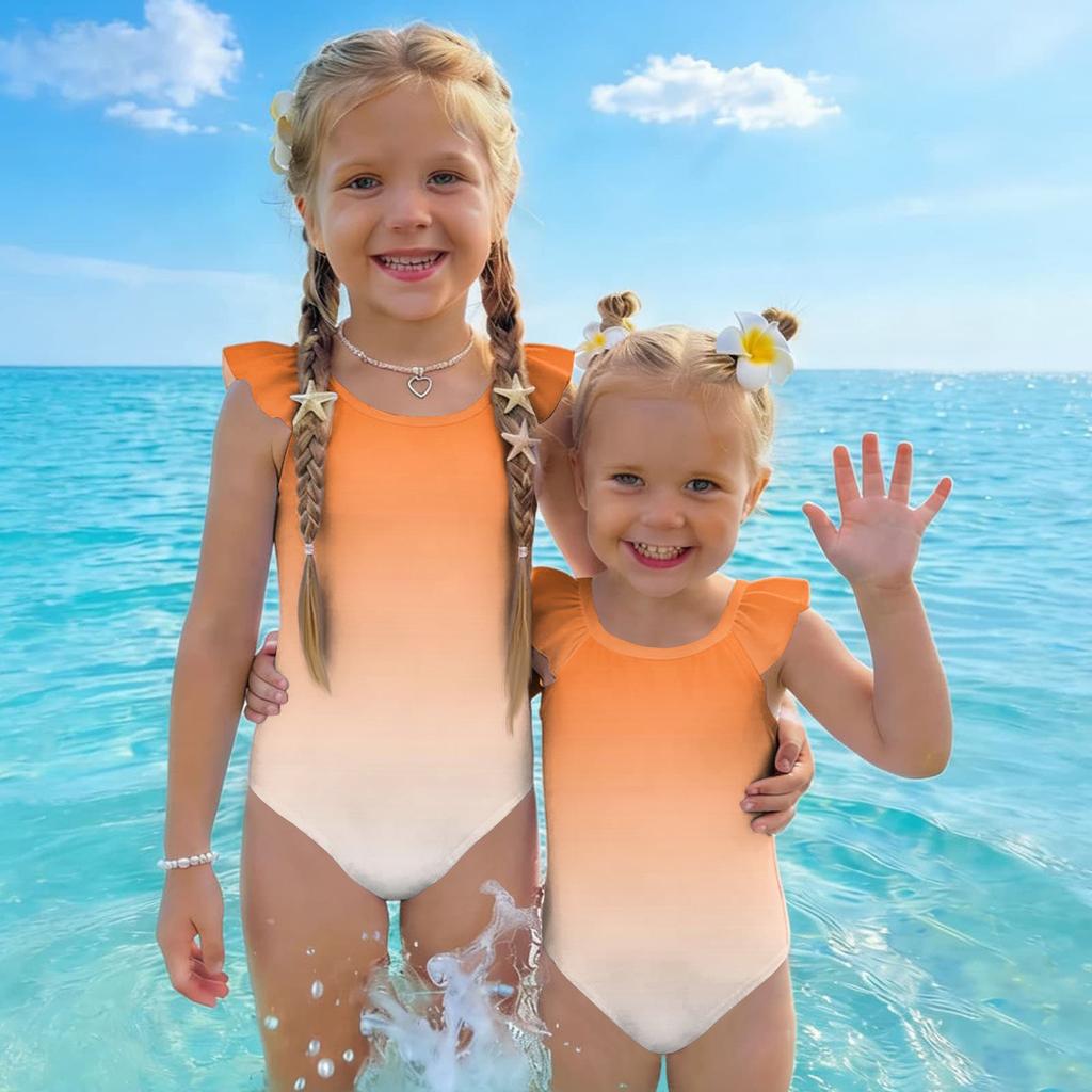 Girls One Piece Swimsuit Gradient Print Sleeveless Ruffle Shoulder Swimwear Summer Beachwear Kids Bathing Suit