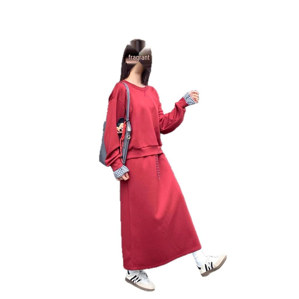 Dark Blue Casual Hoodie & Skirt Set for Women - Korean Style 2026 Spring Collection, Loose Fit, Sporty Two-Piece.