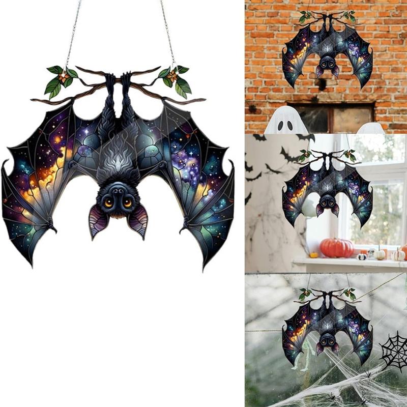 Good-Halloween Bat Stained Glass Suncatcher Window Hanging Acrylic Wall Art Suncatcher Decoration Ghosts Festival Colorful