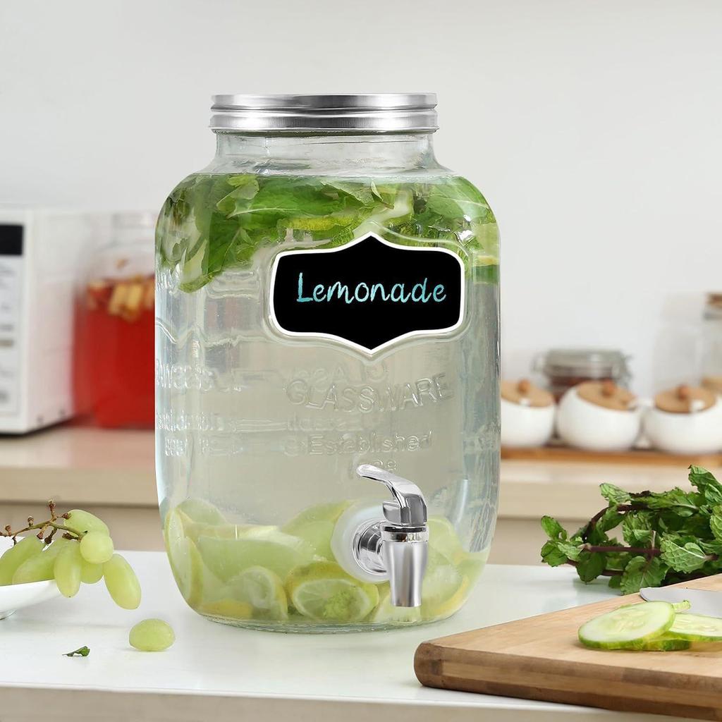 4 Litre Glass Juice Dispenser - Water Pitcher for Detox Water - Mason Jar - Counter Table Top Infused Water & Beer Dispenser- Air Tight Lid Pitcher