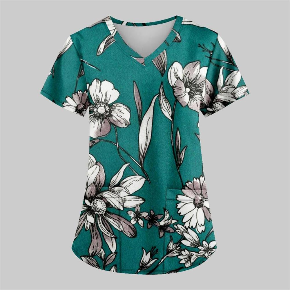 Scrub Medical Woman Floral Print Vet Nursing Tops Fashion V-Neck Short Sleeve Patch Pocket Health Care Clinical Uniform Woman
