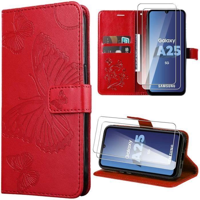 Coque de protection - Samsung - Galaxy A25 5G - Rouge - Motif Papillon - Effet Cuir PU
