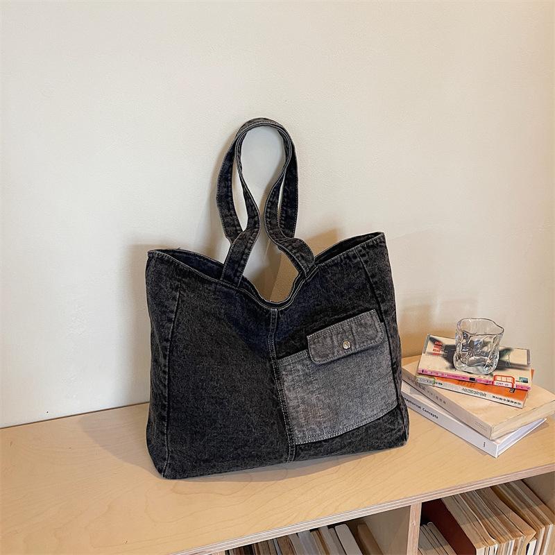 

High-end Casual Mommy Tote Bag Washed Denim Large Capacity Commuter Bag Versatile Stylish Shoulder Underarm Bag Daily Matching чёрный