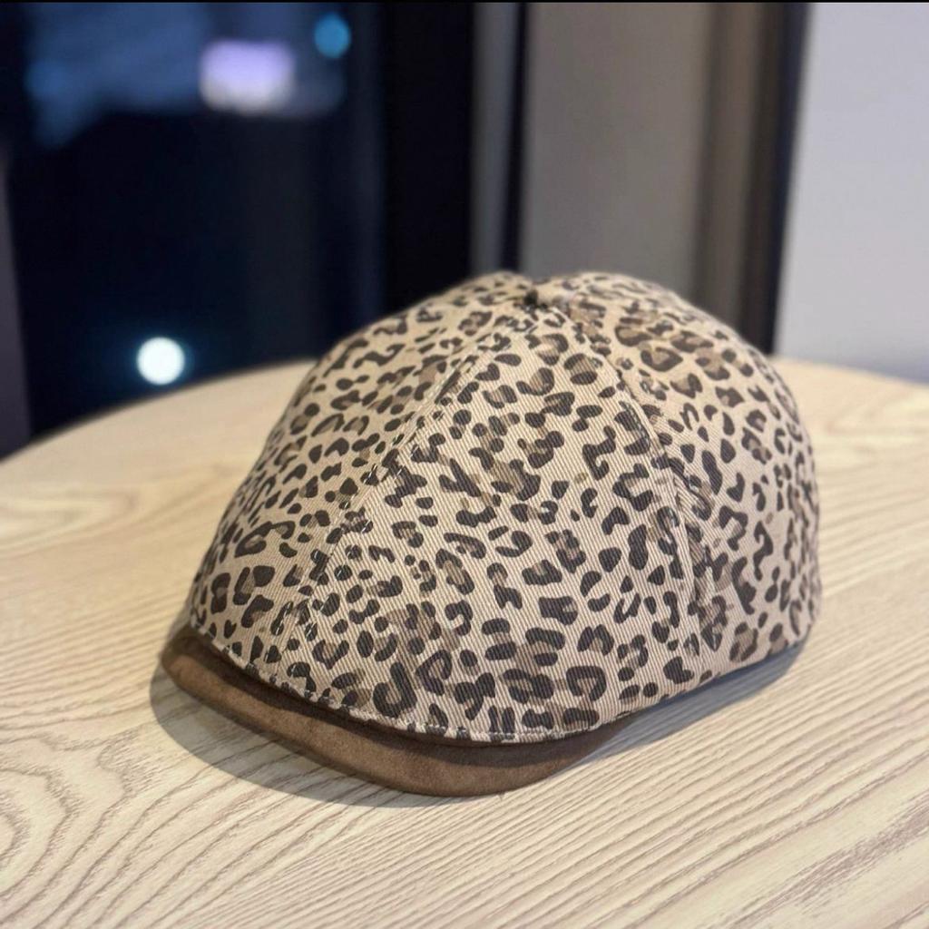 Retro Street Leopard Print Forward Hat Female Spring and Autumn Spice Girl Style Shows Face Small Beret Personality Big Head Circumference Hat