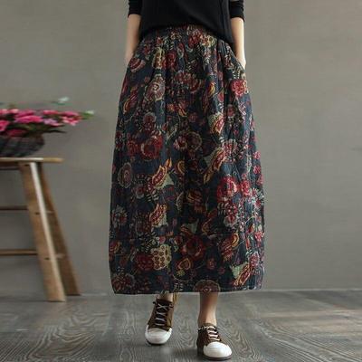 Frauen Gepolsterter Steppdruck Blumenrock Baumwollmischung Vintage Elastische Taille Kleidung Herbst Winter Taschenröcke