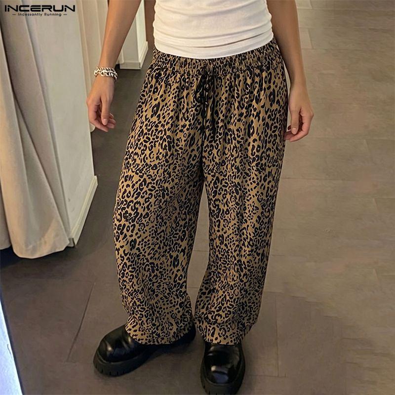 INCERUN Men Elastic Waist Leopard Casual Party Loose Long Pants Trousers