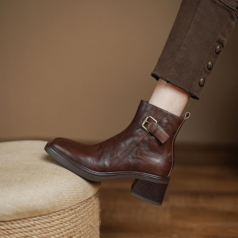 French retro square head medium heel thick heel belt buckle short boots femininity side zipper British retro and ankle boots