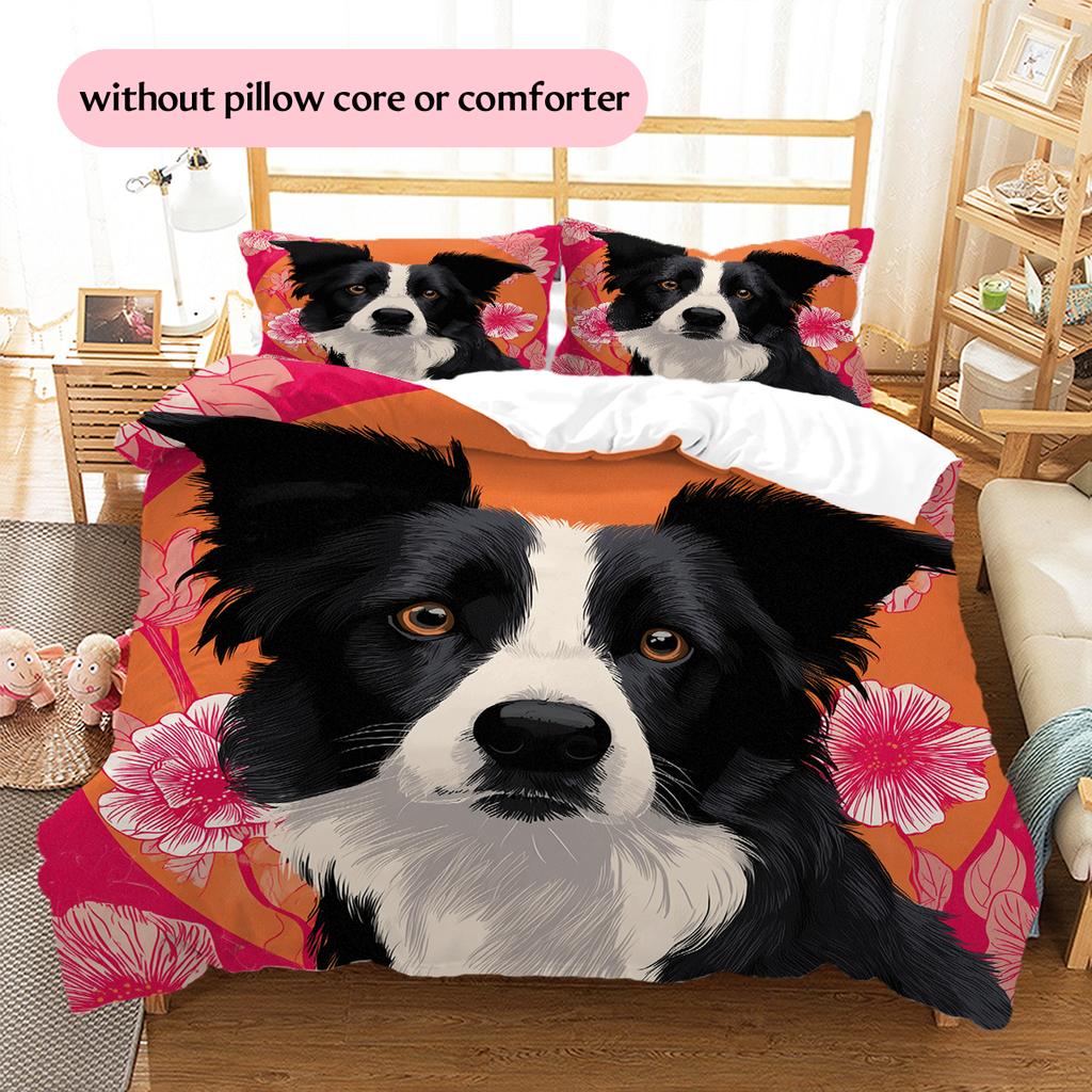 Pink Border Collie Pattern Bedding Home Decoration Birthday Gift (1 * duvet cover + 2 * pillowcase, without core)