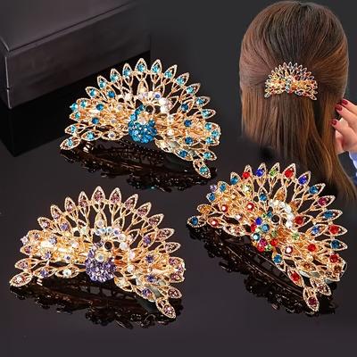 Kleurrijke Elegante Pauwenhaarclip Groot Koreaanse Stijl Legering met Edelstenen, Veerbelast Paardenstaart Accessoire, Chique & Eenvoudig Rond Ontwerp voor Styli