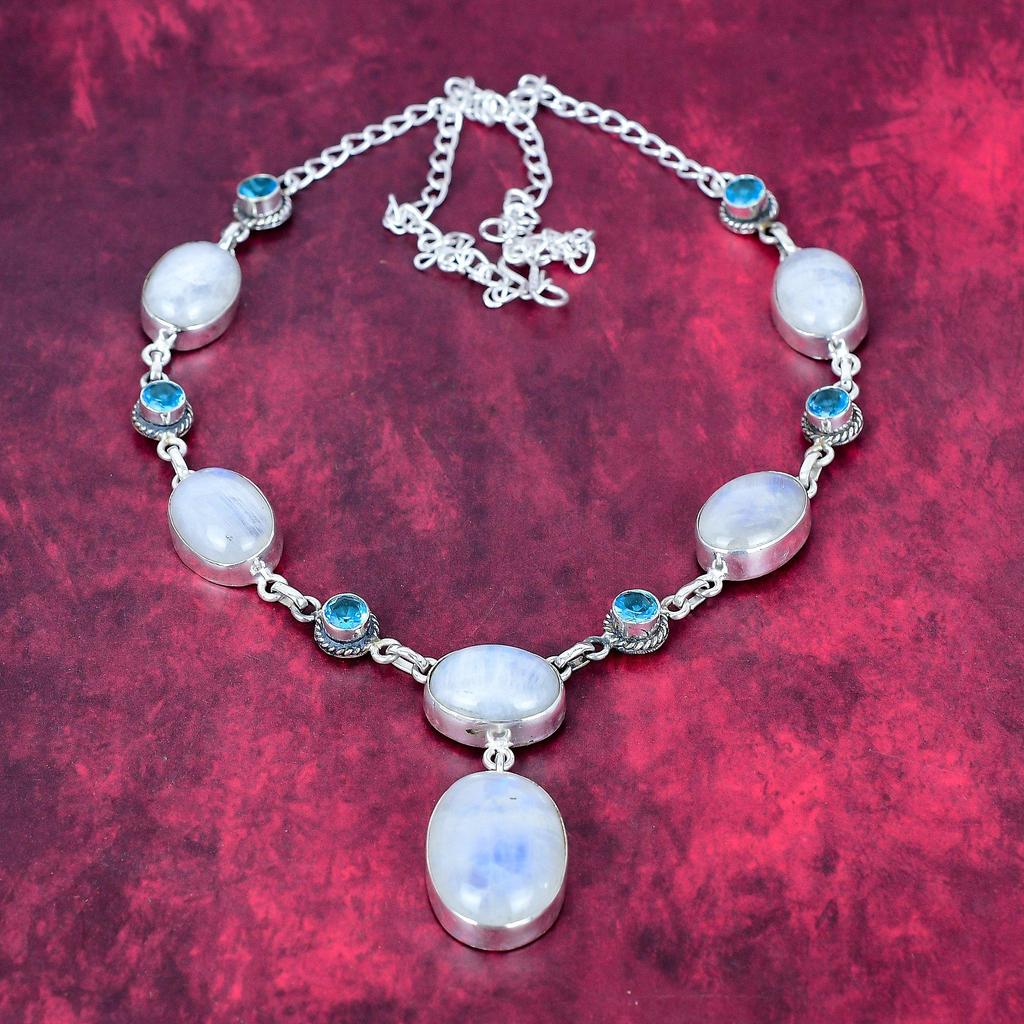 Moonstone & Blue Topaz Necklace Gemstone Jewelry, 925 Solid Sterling Silver Necklace, Handmade Jewelry Birthstone Necklace, Gift For Him