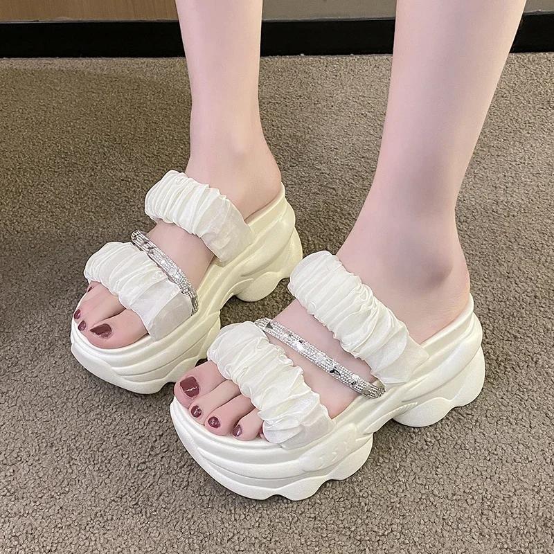 Fashion 9CM Women's Summer Chunky Slippers Fashion Thick-Bottom Sandals Bling Wedge Heels Flip Flops High Platform Beach Slides Zapatos
