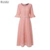 ZANZEA Women Casual Round Neck Flare Sleeve Elegant Lace Patchwork Long Dress