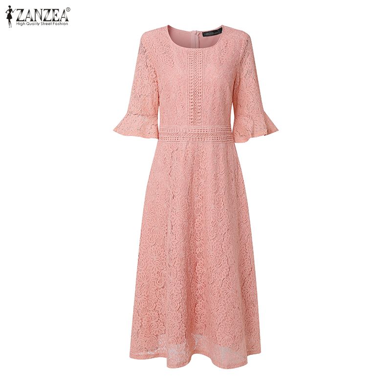 ZANZEA Women Casual Round Neck Flare Sleeve Elegant Lace Patchwork Long Dress