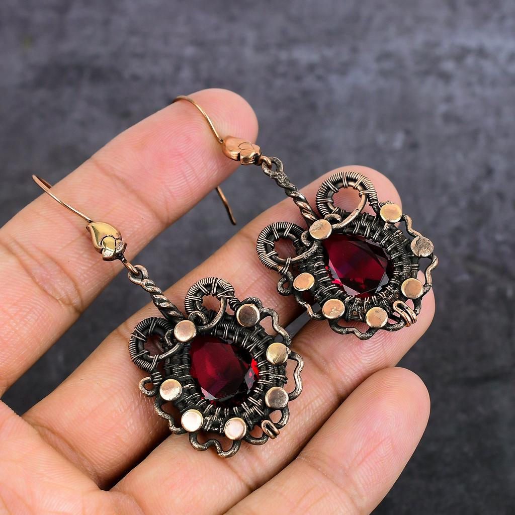 Garnet Handmade Copper Wire Wrap Jewelry Earring 2.60" d0F65