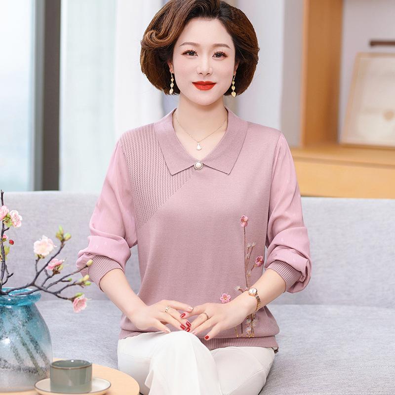Stylish Spring Knit Top with Gauze Sleeves for Middle-aged and Elderly Women
