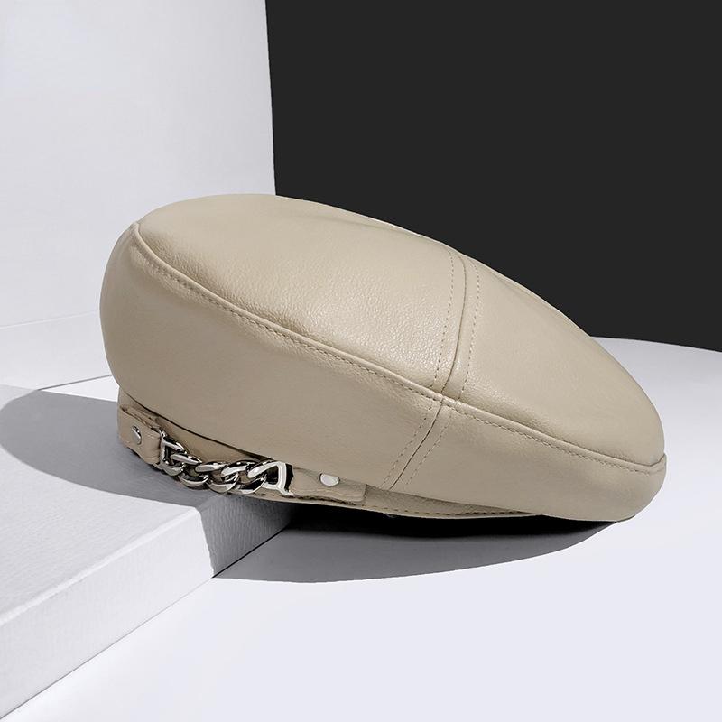 Vintage Women's PU Leather Beret Cap with Chain French Artist Style Warm Beanie Hat Adjustable All-Match Female Ladies Accessory