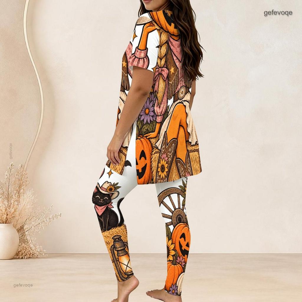 Women Plus Size Halloween Printed Round Neck Short Sleeve Long Top Fitted Long Pants Two Piece Set