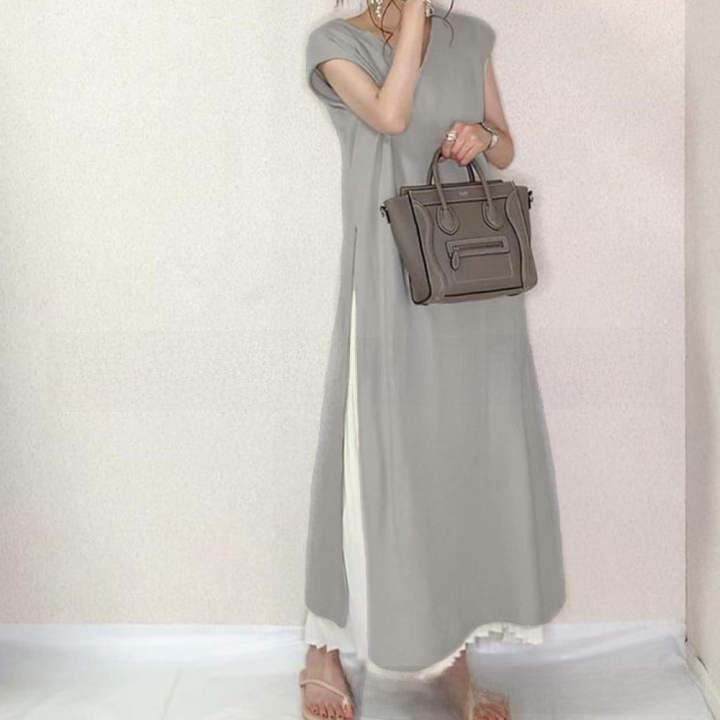 Japonský letní styl Jednobarevné plisované volné maxi šaty - Dámské krátkorukávové s velkým kolovým designem