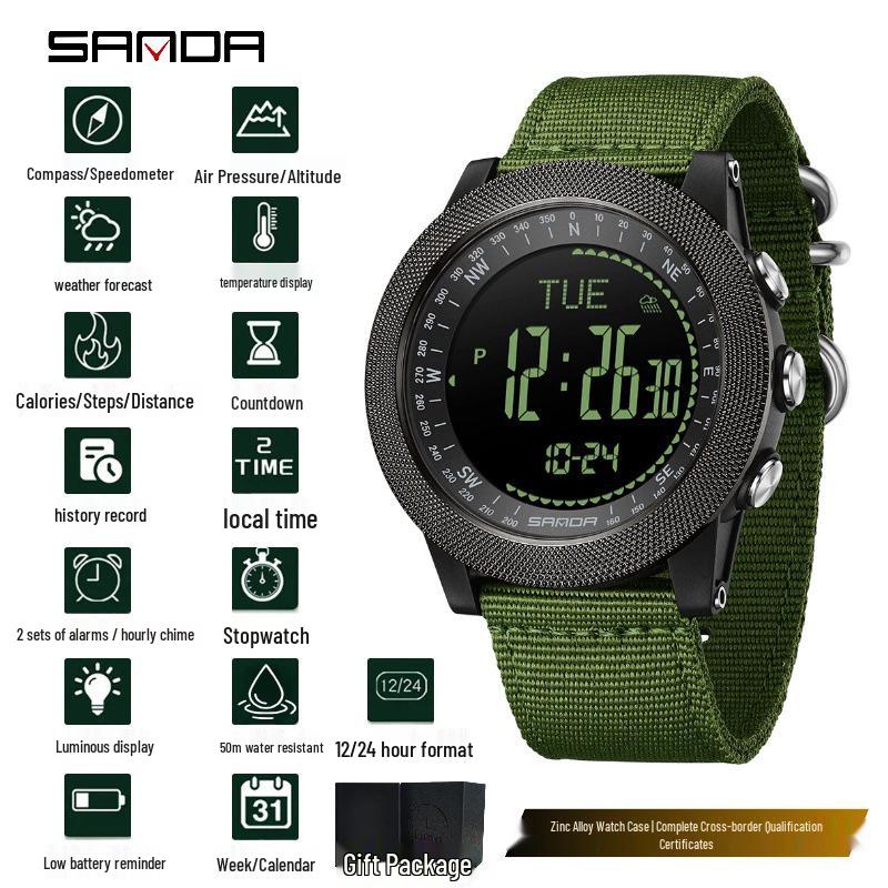 Sanda Multifunctional Sports Watch: Air Pressure, Temperature, Altitude, Weather Forecast, Compass, Pedometer, Luminous Display.