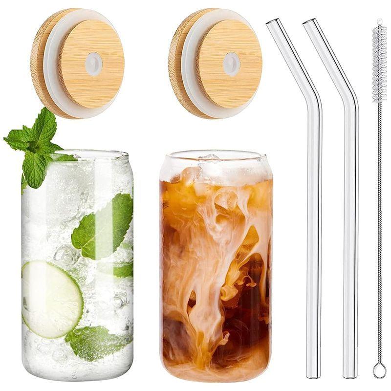 A56P-2PCS Set, Drinking Glasses Glass Straw 16Oz Can Shaped Glass Cups With Lids And Straws,Beer Glasses
