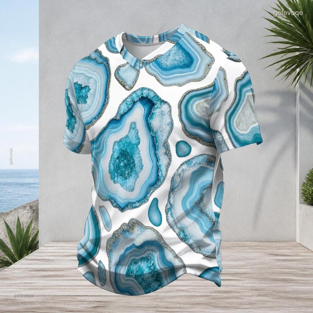 Men Plus Size V Neck Short Sleeve T Shirt Blue Agate Geode Printed White Casual Tee
