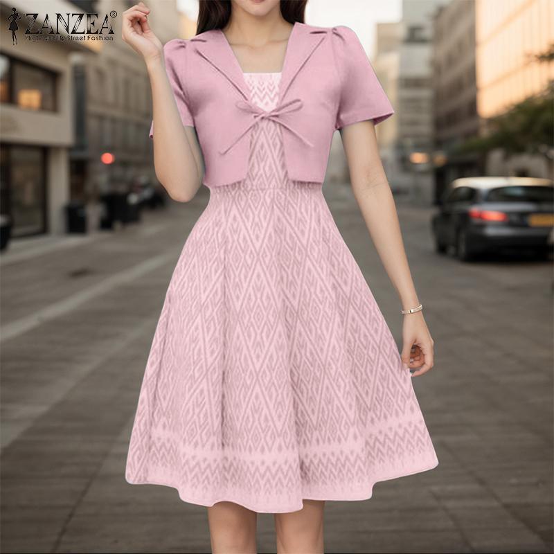 ZANZEA Women Casual Patchwork Summer Short Sleeve Print Dress