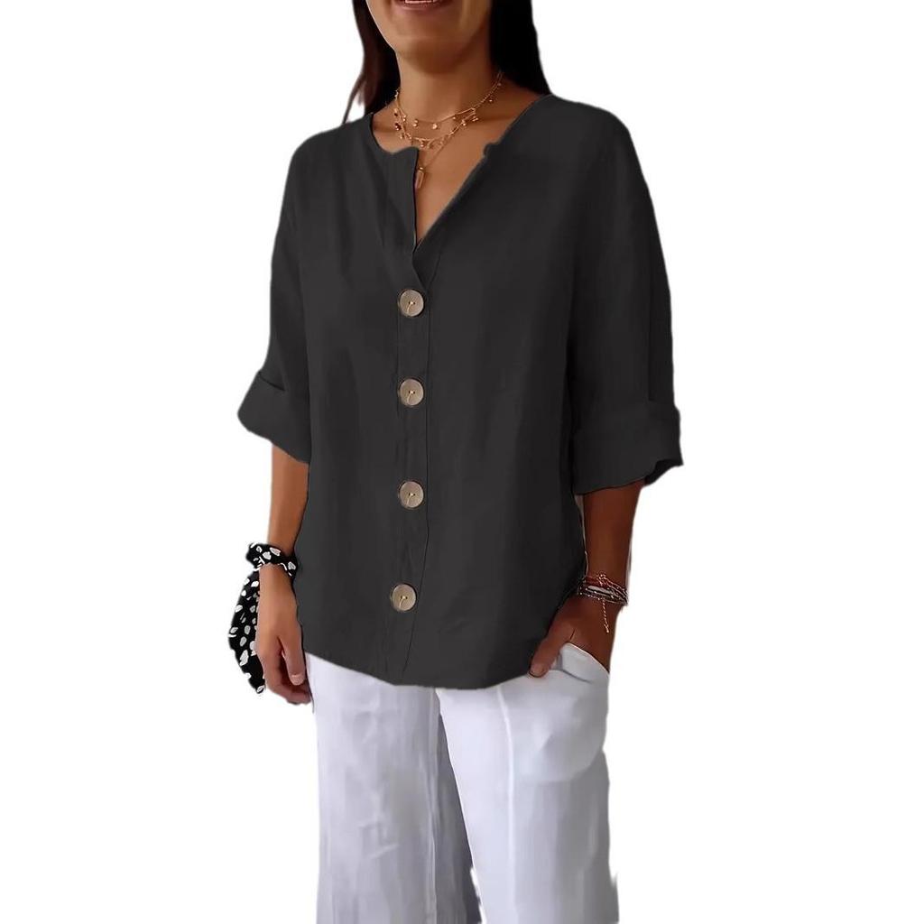 T-shirt Estiva da Donna 2025 Europea & Americana Scollo a V Larga Bottoni Cotone Lino