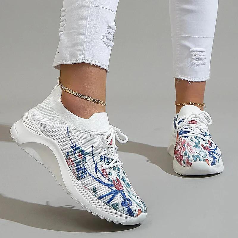 Fashion Floral Printed Knit Sneakers for Women Mesh Breathable Casual Sports Shoes Woman Comfort Slip On Flats Vulcanized Shoes