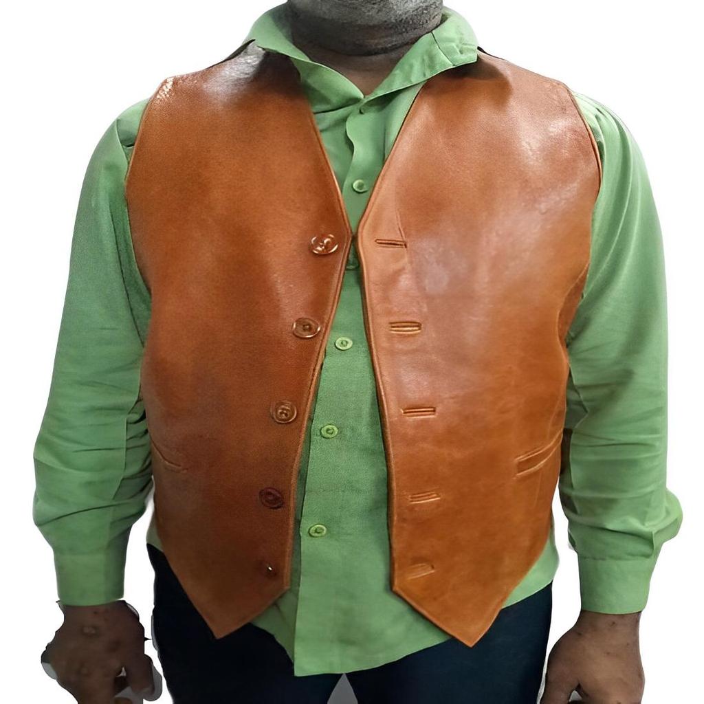 Noora Gilet de piele portocaliu ars pentru bărbați, cu închidere cu nasturi | Vestă din piele de designer | Gilet din piele Rider