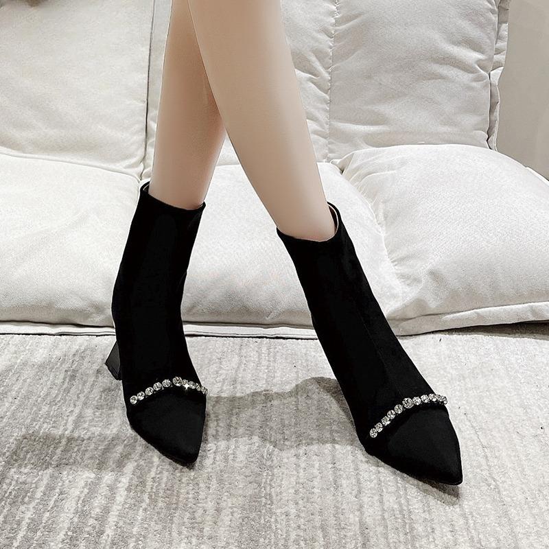 Fashion Special Heel Booties Fall New Pointed Toe Suede Rhinestone Anti-Slip Wear-Resistant Heels