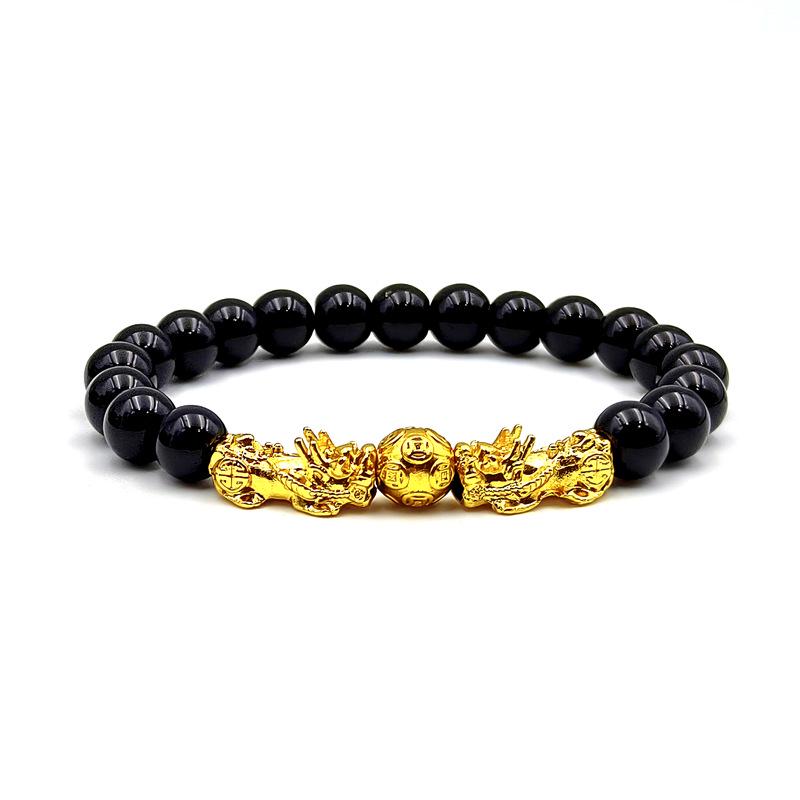 Vietnamese Pixiu Gold & Imitation Obsidian Bracelet - Men's Wealth Attracting Ancient Style with Glass Beads.