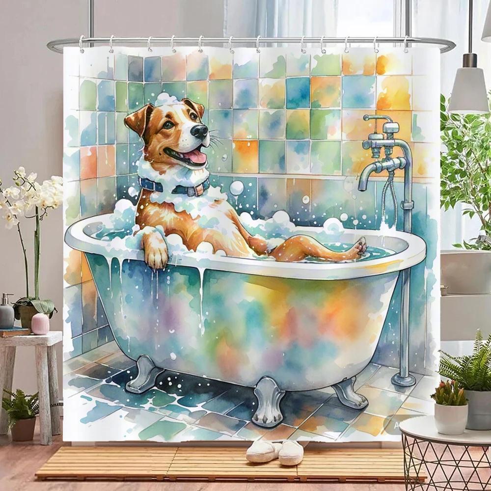 Funny Bathing Cat and Dog Shower Curtain Waterproof Bathroom Curtain Creative and Interesting Partition Bath Curtain with Hooks