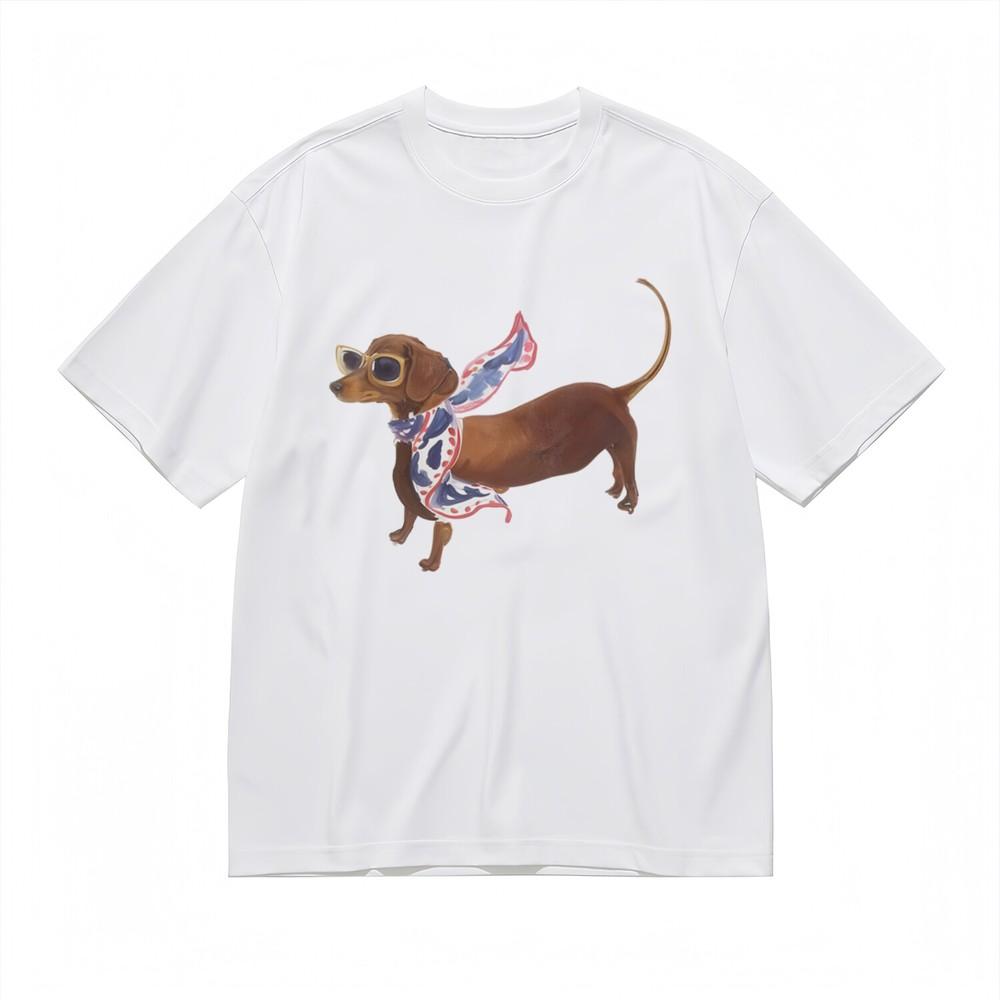 

Women s T-shirt With Stylish Wiener Dog Graphic Unisex White 100% Cotton Top USA 4XL