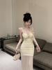 Elegant Low-Cut Spaghetti Strap Mesh Tassel Bodycon Evening Gown
