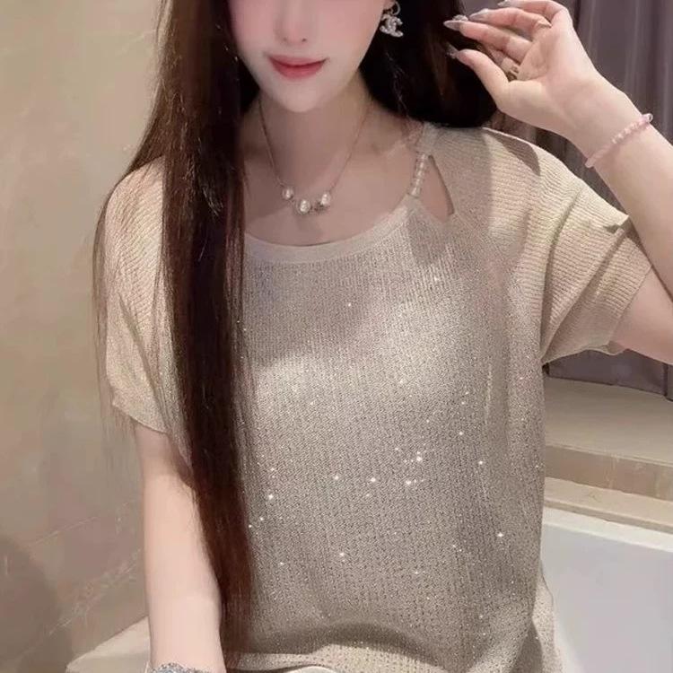 2025 Sommer Stricktop mit Strasssteinen: Vielseitiges Mode-T-Shirt mit kurzen Ärmeln für Damen