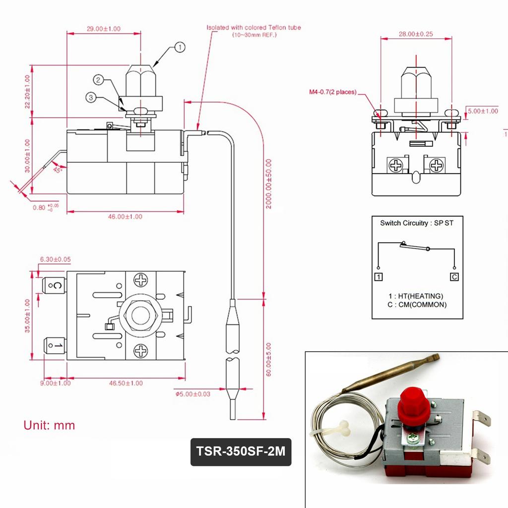 Thermostat Bulb Thermometer Fixed High Temperature Safety Limiter Control Switch Manual Reset Extended Capillary 1m For Oven