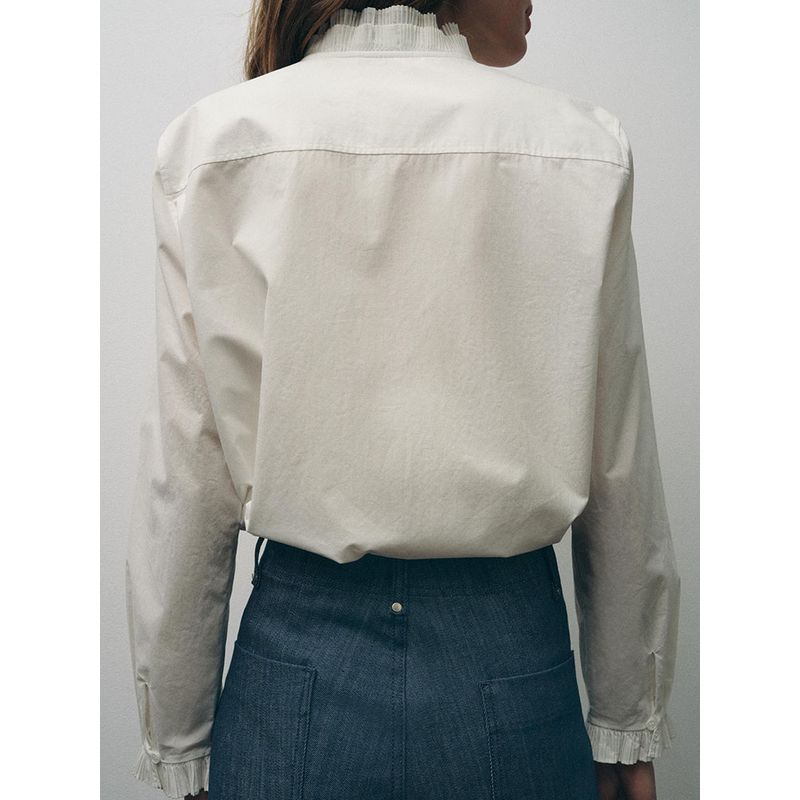 Za2025 Spring New Women's Clothing Minimalist Easiest for Match Pure Color Long Sleeves Casual Spinning Laminated Decoration Shirt 4786060