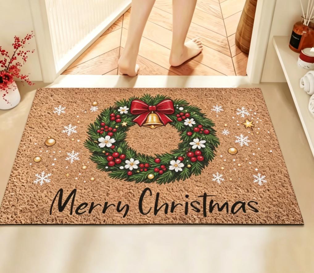 Christmas Gnome Cork Welcome Doormat, Merry Christmas Red Gnomes Gift Wreath Non Slip Front Door Mat, Winter Holiday Decor Rug